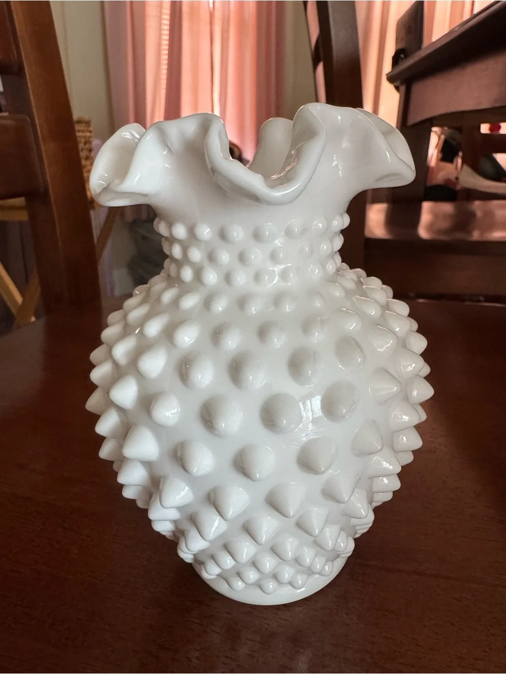 Fenton Hobnail Glass Vase White Milk Glass Ruffled Edge 5” Tall